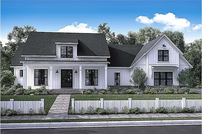 Front elevation of farmhouse home plans showcasing a charming design with a welcoming porch and large windows.