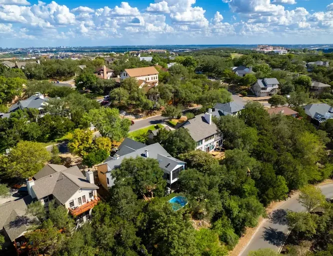 Overhead view of a suburban neighborhood